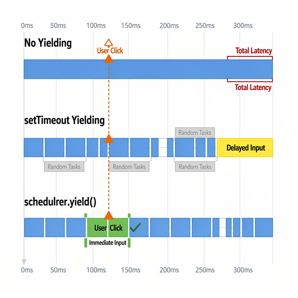A timeline chart compares input latency for "No Yielding," "setTimeout Yielding," and "scheduler.yield()" after a user click, showing shorter delays with scheduler.yield()—highlighting its benefit for Interaction to Next Paint (INP) Optimization.