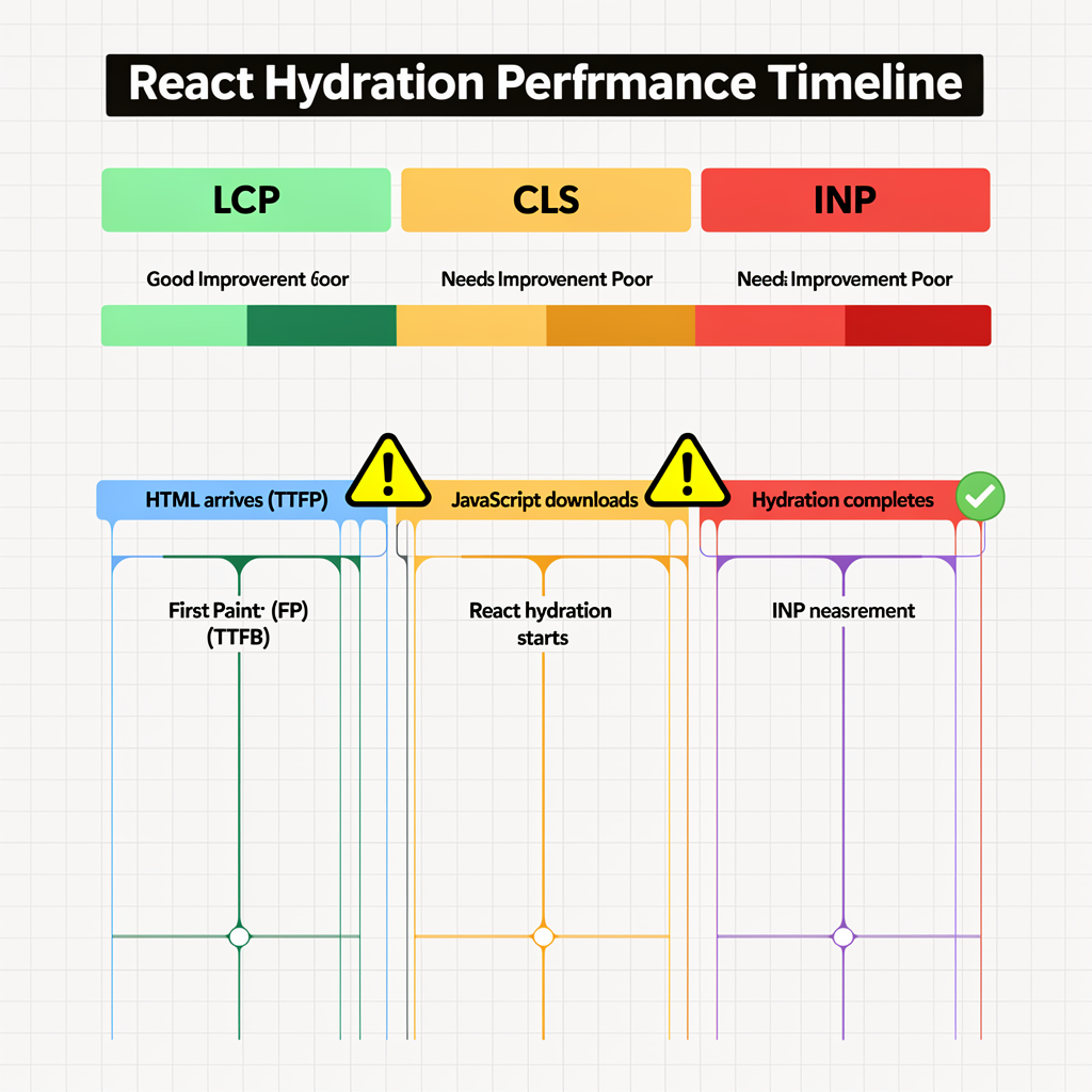 React Hydration Performance Timeline chart for SEO for React Applications, displaying LCP, CLS, INP metrics with labeled stages: HTML arrives, JavaScript downloads, hydration starts, and hydration completes.