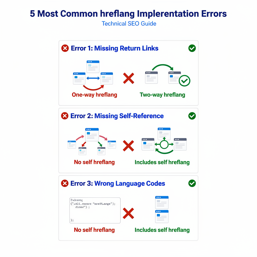 Infographic titled "5 Most Common hreflang Implementation Errors"—from missing return links to wrong language codes—features icons, explanations, and tips based on the Hreflang Implementation Guide.