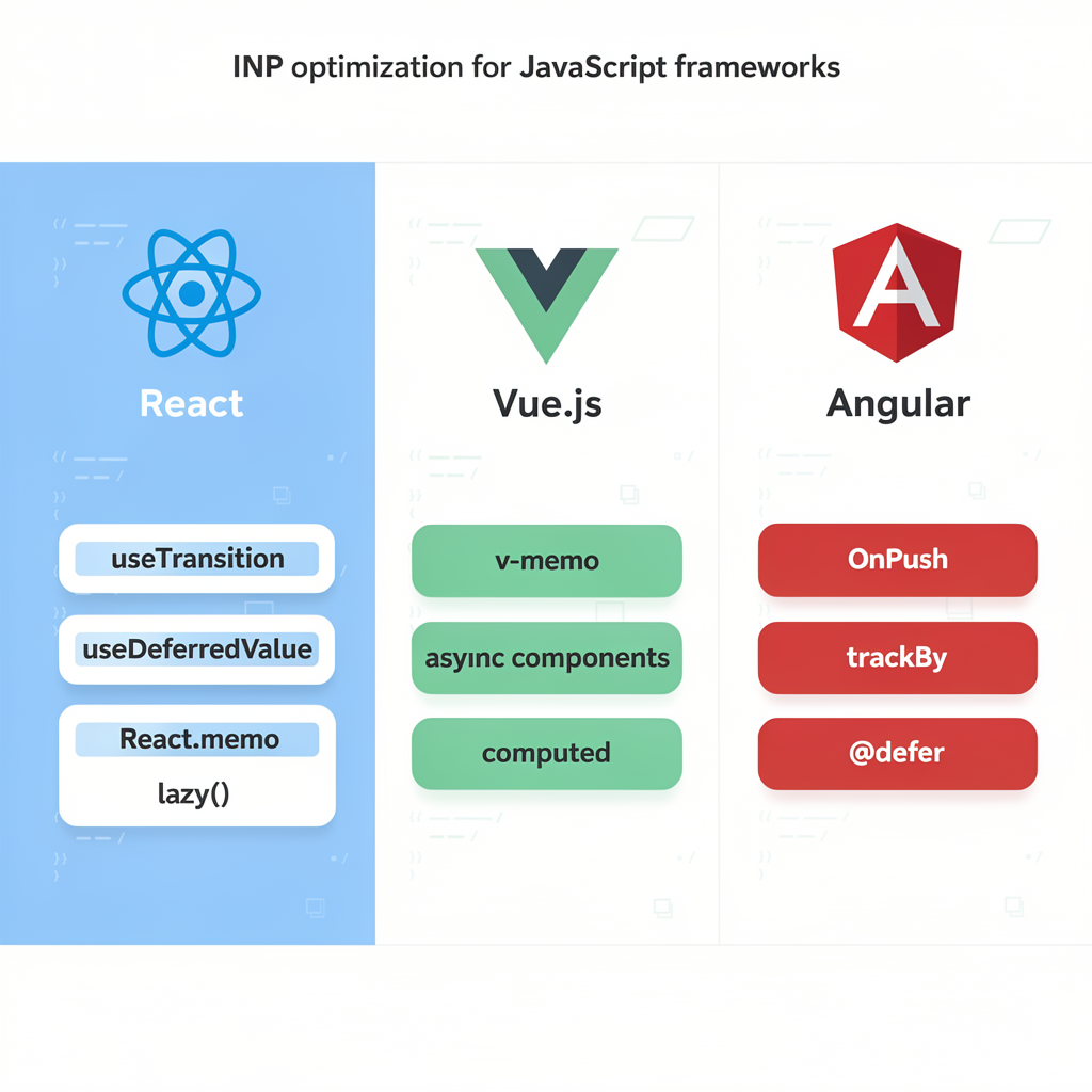 A comparison chart of Interaction to Next Paint (INP) Optimization tools for React, Vue.js, and Angular, listing specific functions or features available in each framework.