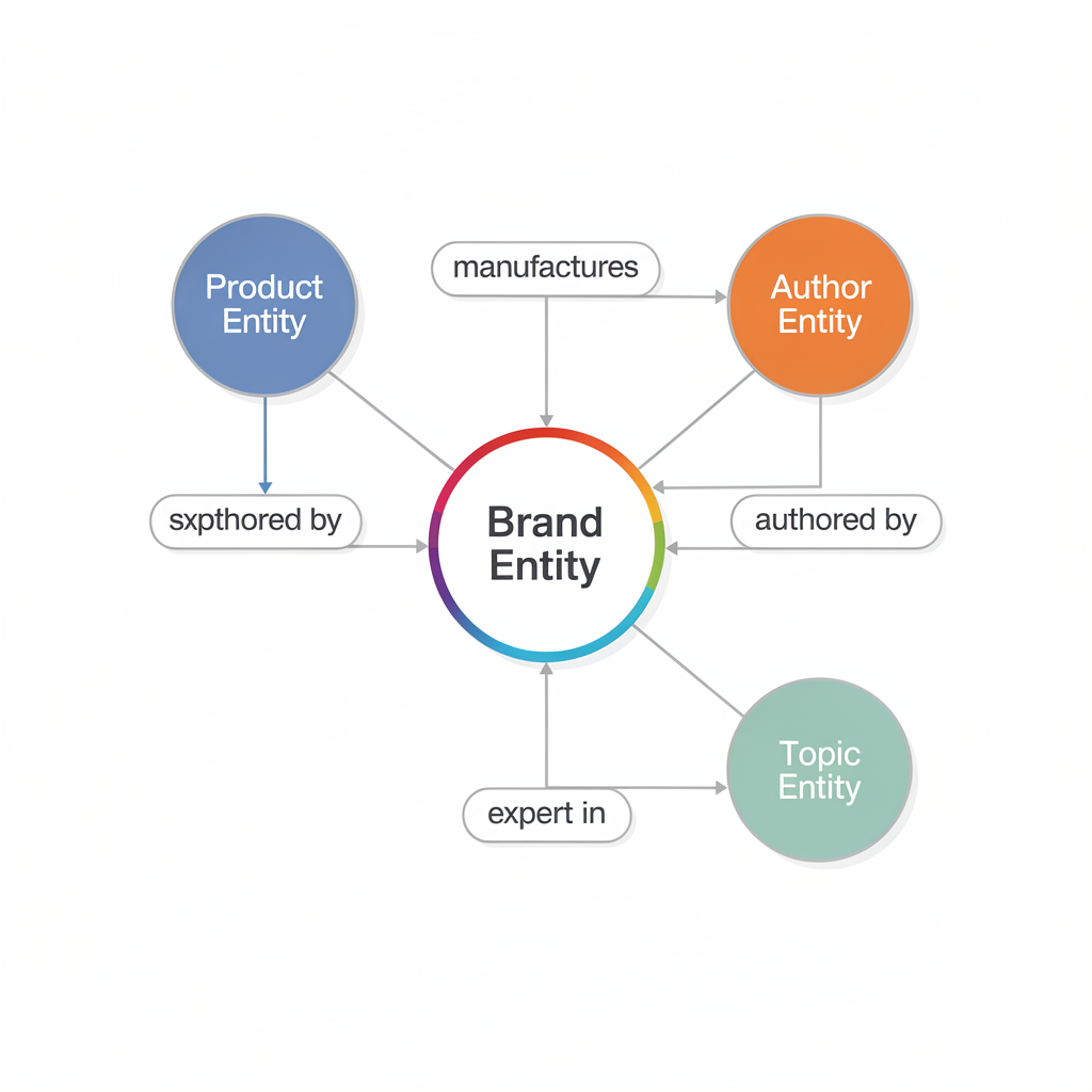 A diagram showing "Brand Entity" connected to "Product Entity," "Author Entity," and "Topic Entity" with labeled relationships: manufactures, authored by, expert in, and sxpthored by.