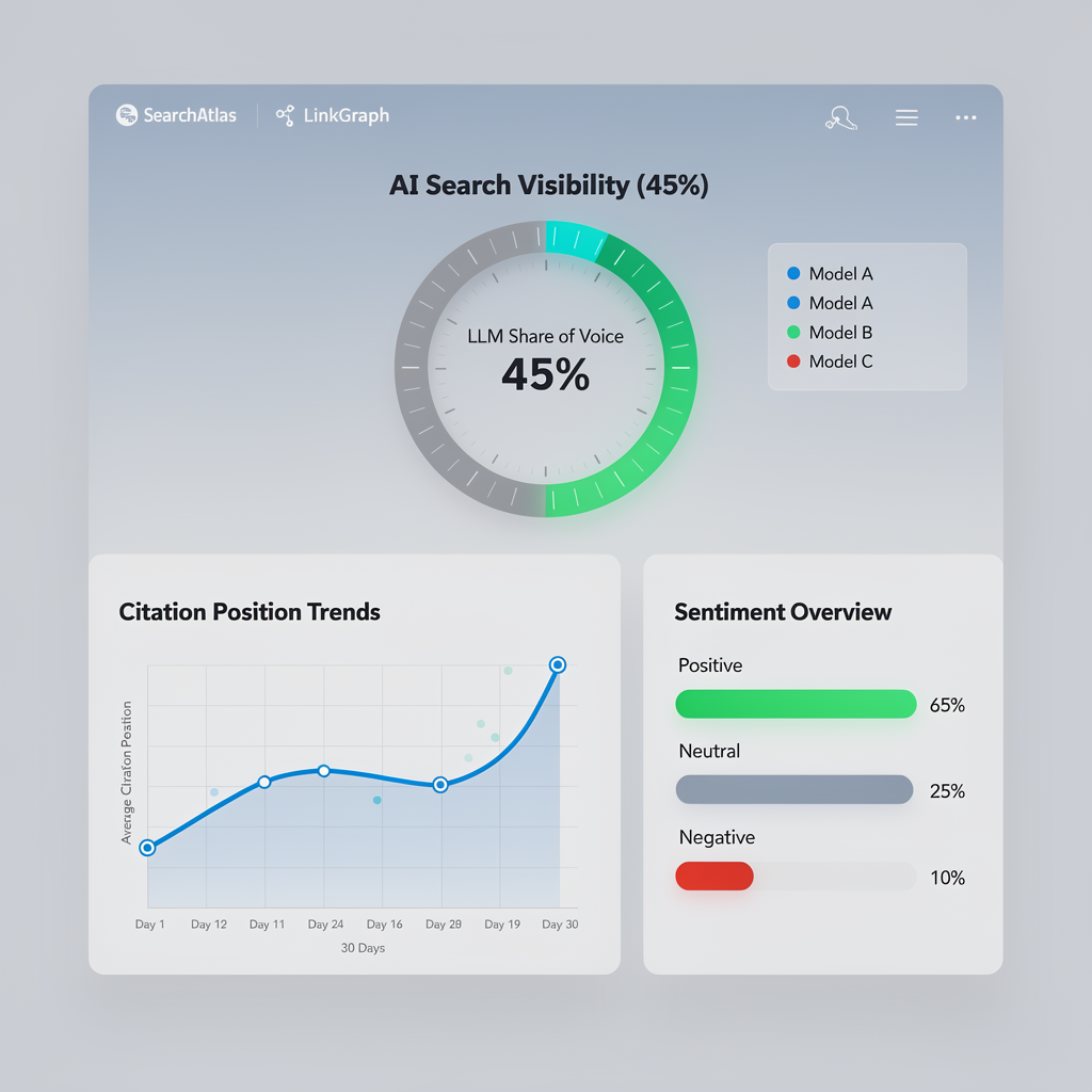 A dashboard displays AI search visibility at 45%, citation position trends as a line graph, and a sentiment overview with 65% positive, 25% neutral, and 10% negative.