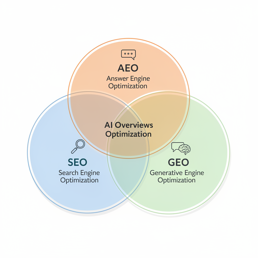 Venn diagram showing overlap between AEO (Answer Engine Optimization), SEO (Search Engine Optimization), and GEO (Generative Engine Optimization).