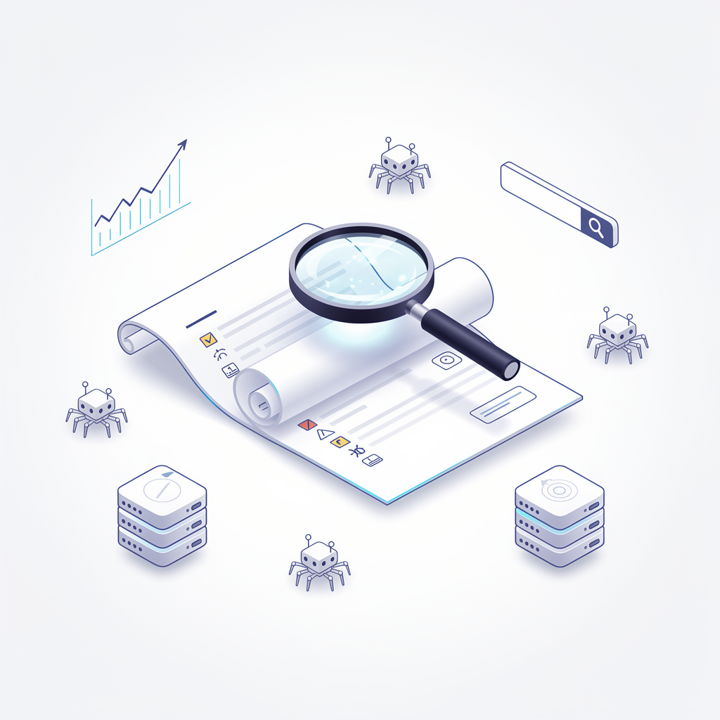 A magnifying glass examines a document surrounded by bug icons, servers, a search bar, and a rising graph, symbolizing cybersecurity or debugging analysis.