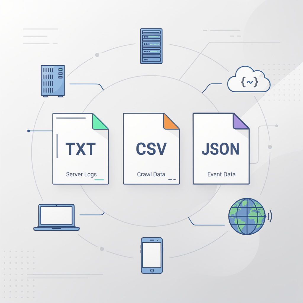 Diagram showing TXT, CSV, and JSON file icons in the center, connected to devices like a server, cloud, laptop, smartphone, and globe, representing different data sources and types.
