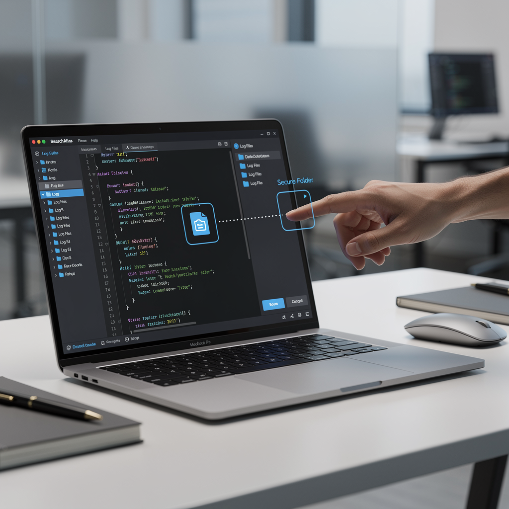 A hand points at a laptop screen displaying code and a highlighted secure folder icon, suggesting file transfer or folder selection in a modern office setting.